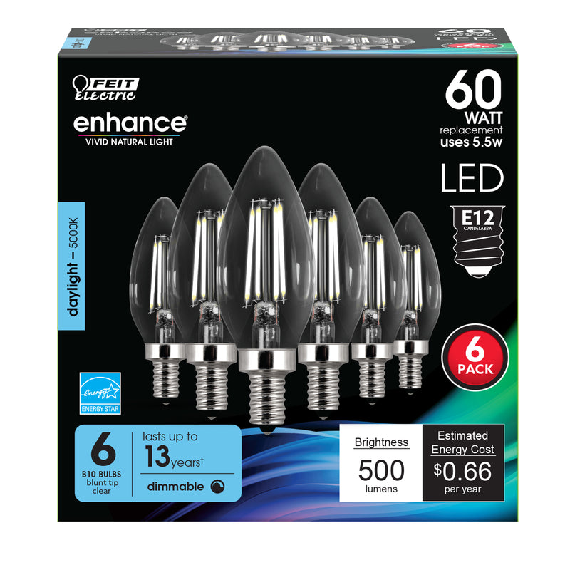 FEIT - Feit LED Filament B10 E12 (Candelabra) LED Bulb Daylight 60 Watt Equivalence 6 pk