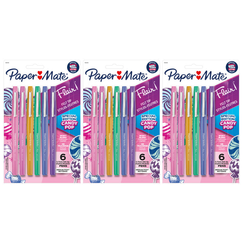 PAPER MATE - Flair Felt Tip Pens, Medium Point (0.7mm), Candy Pop Pack, 6 Per Pack, 3 Packs