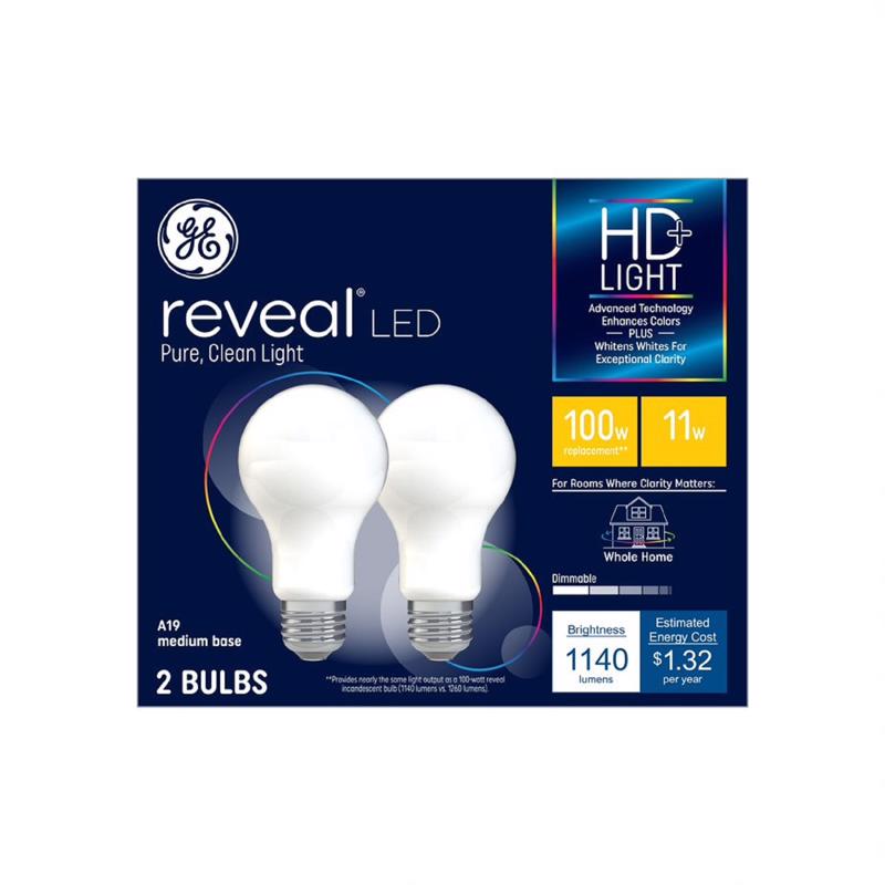 GE - GE Reveal HD+ A19 E26 (Medium) LED Light Bulb Pure Clean Light 100 Watt Equivalence 2 pk