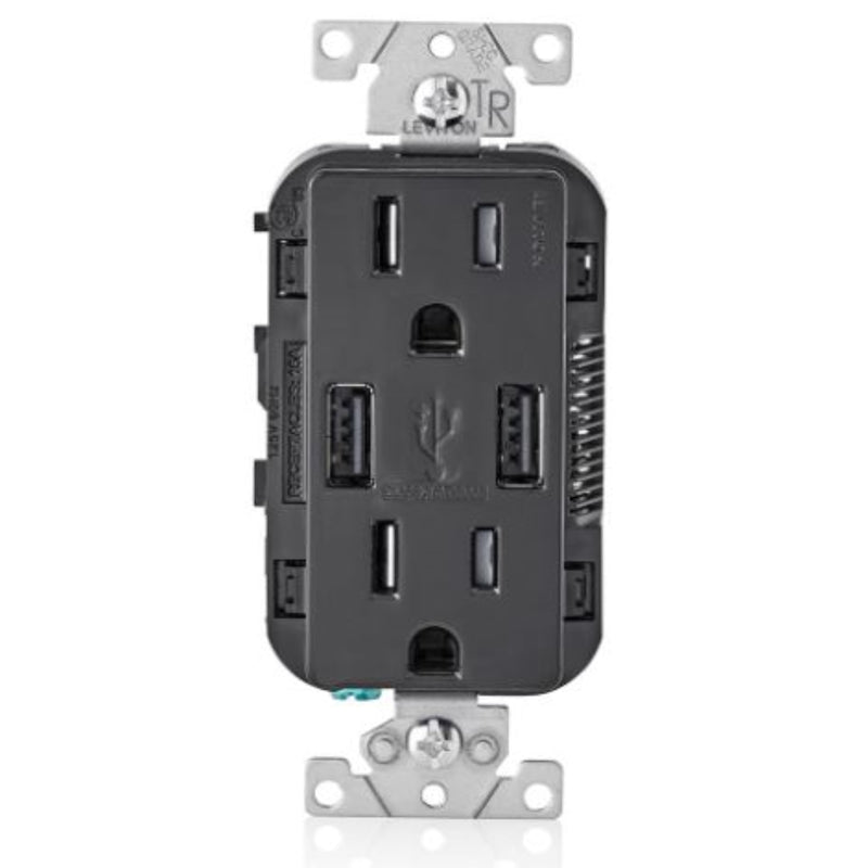 LEVITON - Leviton Decora 15 amps 125 V Duplex Black Outlet and USB Charger 5-15R 1 pk