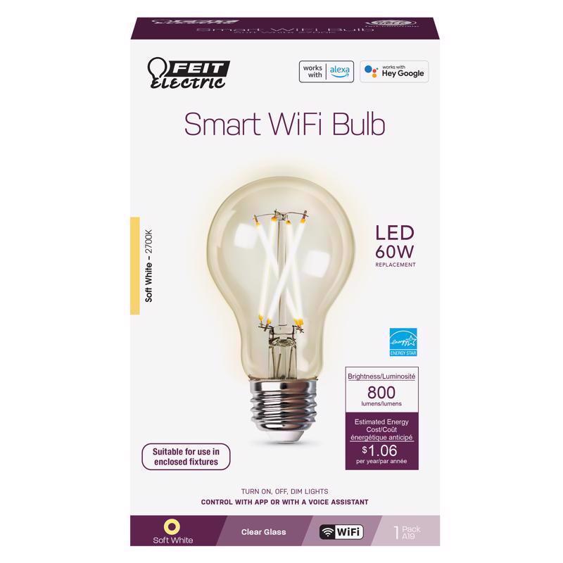 FEIT - Feit Smart Home A19 E26 (Medium) Smart-Enabled LED Bulb Soft White 60 Watt Equivalence 1 pk [A1960CL927CAFAG]