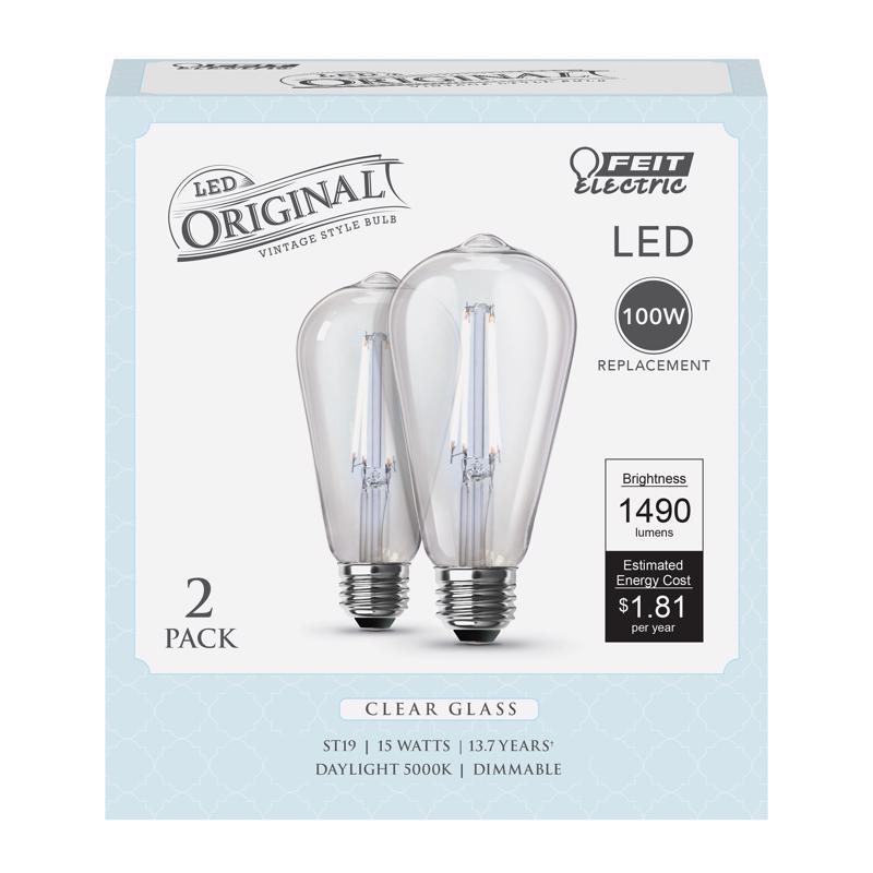 FEIT - Feit LED Filament ST19 E26 (Medium) Filament LED Bulb Daylight 100 Watt Equivalence 2 pk