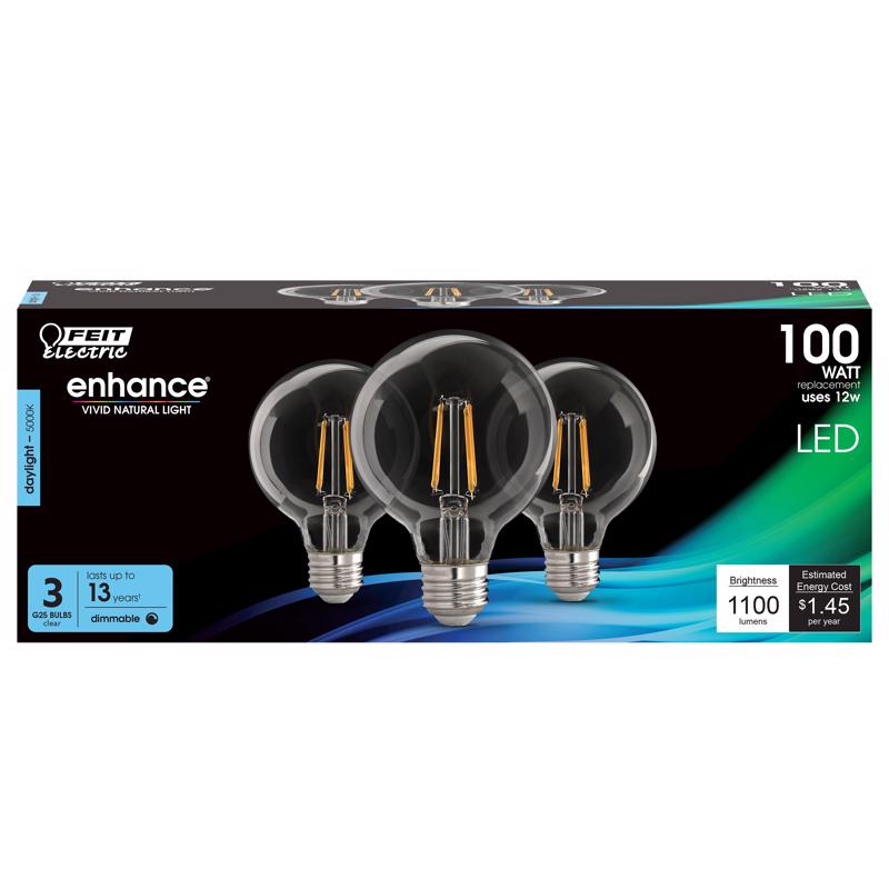 FEIT - Feit G25 E26 (Medium) Filament LED Bulb Daylight 100 Watt Equivalence 3 pk