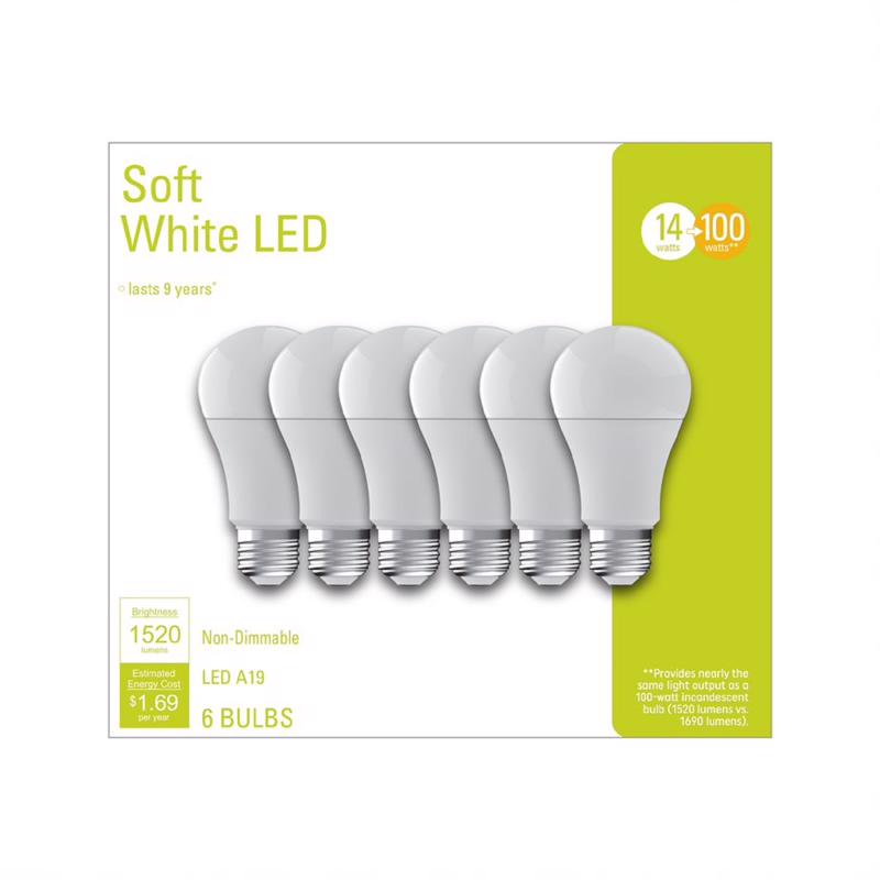 GE - GE LED A19 E26 (Medium) LED Bulb Soft White 100 Watt Equivalence 6 pk