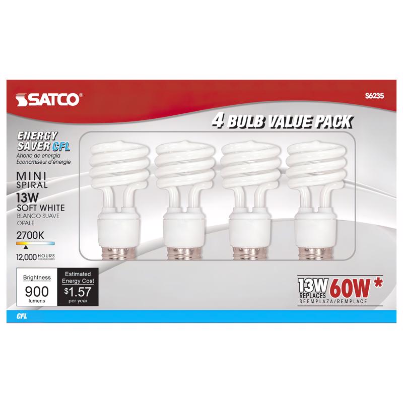 SATCO - Satco 13 W T2 1.81 in. D X 4.13 in. L CFL Bulb Soft White Compact 2700 K 4 pk