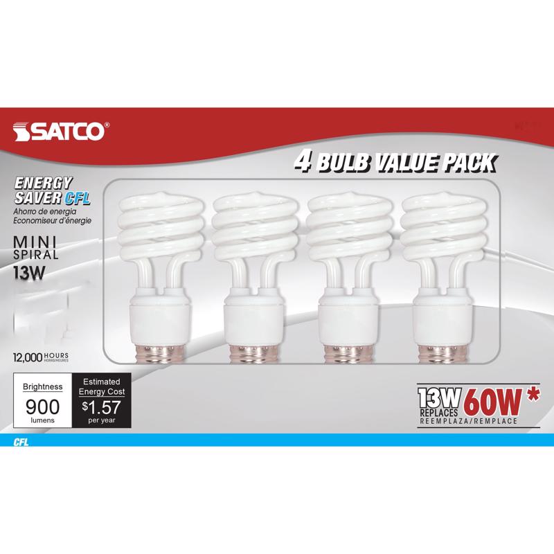 SATCO - Satco 13 W T2 1.81 in. D X 4.13 in. L CFL Bulb Cool White Spiral 4100 K 4 pk