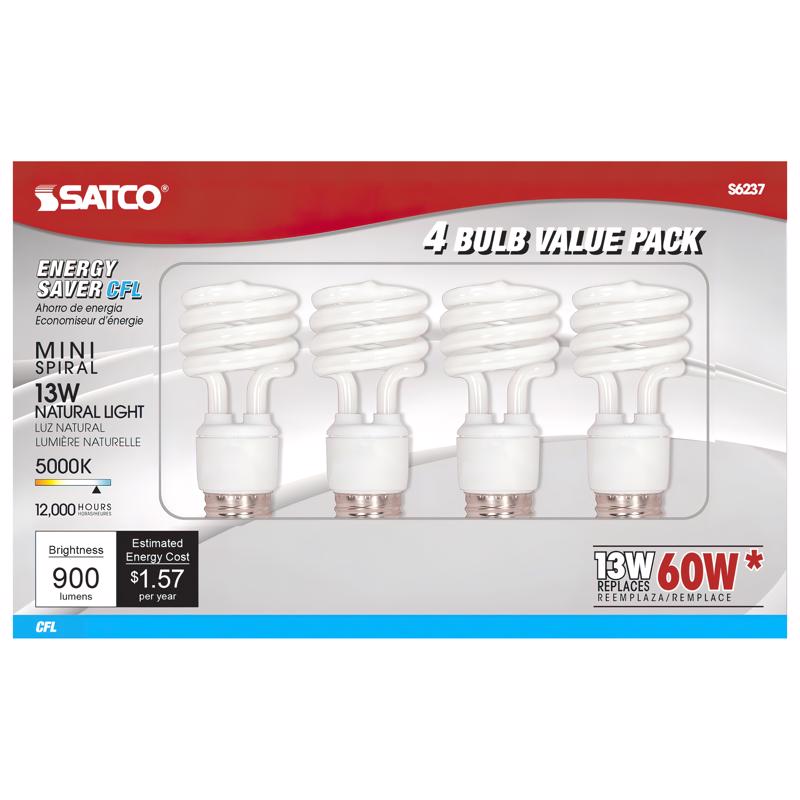 SATCO - Satco 13 W T2 1.81 in. D X 4.13 in. L CFL Bulb Daylight Spiral 5000 K 4 pk