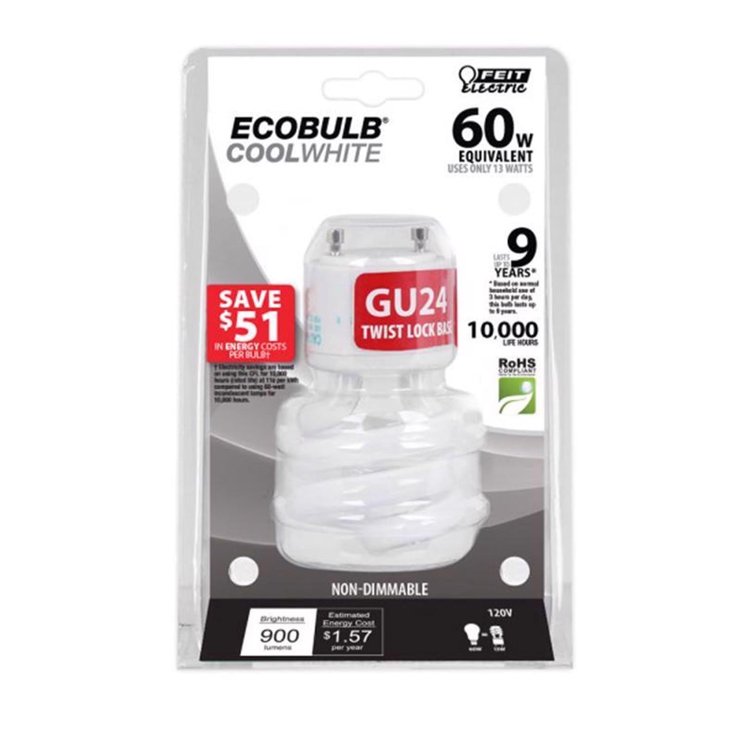 Feit Ecobulb 13 W G25 2.09 in. D X 3.66 in. L CFL Bulb Soft White Spiral 2700 K 1 pk - Case of 6