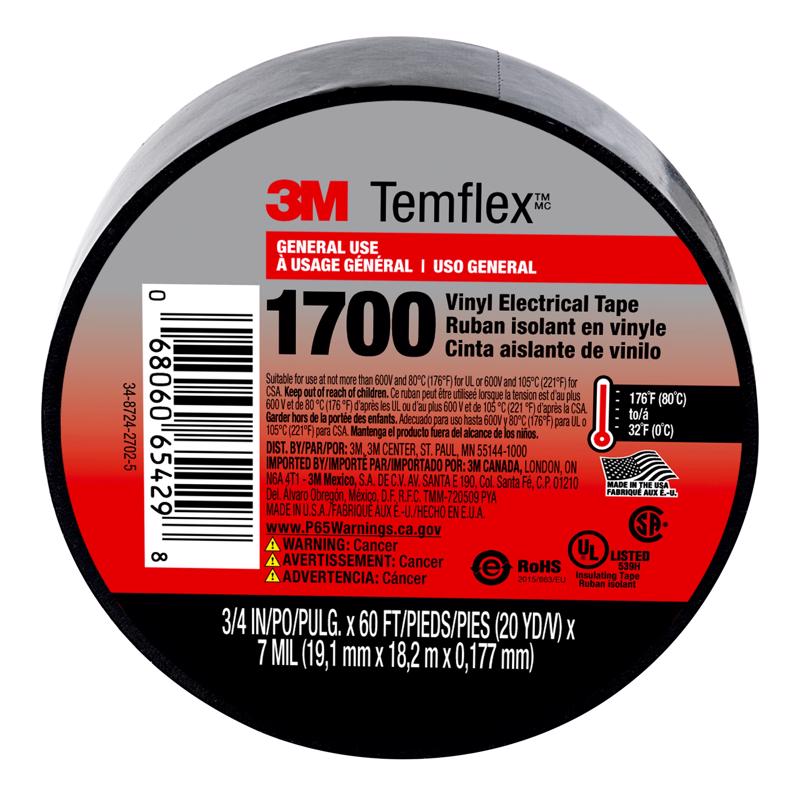 3M - 3M Temflex 3/4 in. W X 60 ft. L Black Vinyl Electrical Tape