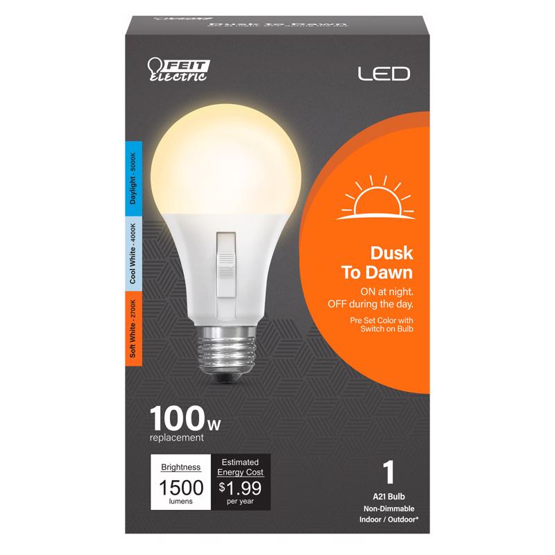 FEIT - Feit A19 E26 (Medium) LED Dusk to Dawn Bulb Tunable White/Color Changing 100 Watt Equivalence 1 pk