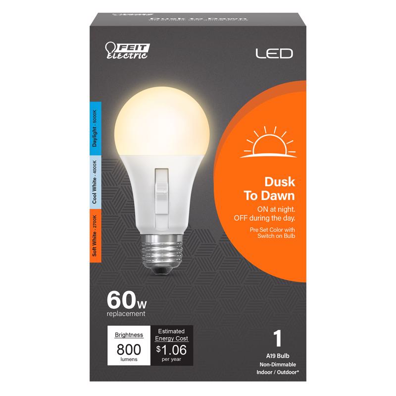 FEIT - Feit A19 E26 (Medium) LED Dusk to Dawn Bulb Tunable White/Color Changing 60 Watt Equivalence 1 pk