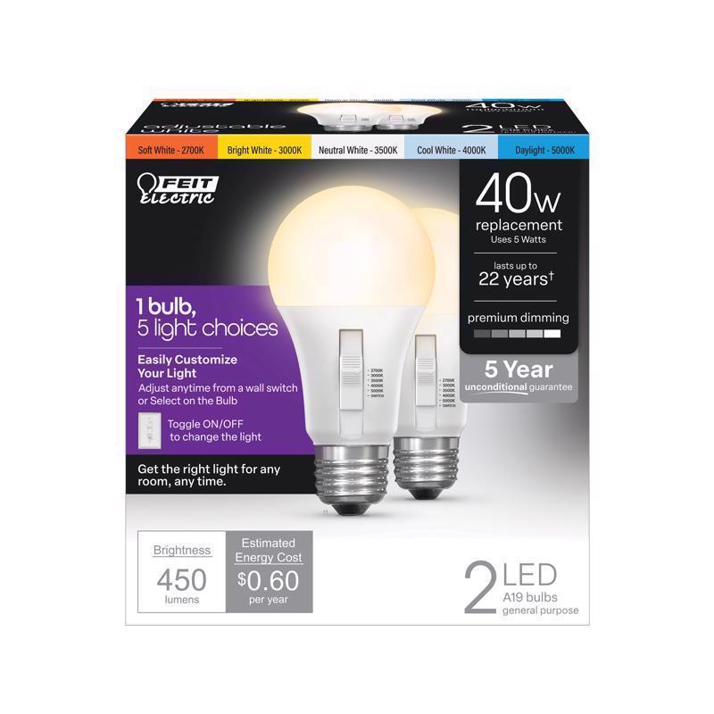 FEIT - Feit LED A19 E26 (Medium) LED Bulb Color Changing 40 Watt Equivalence 2 pk