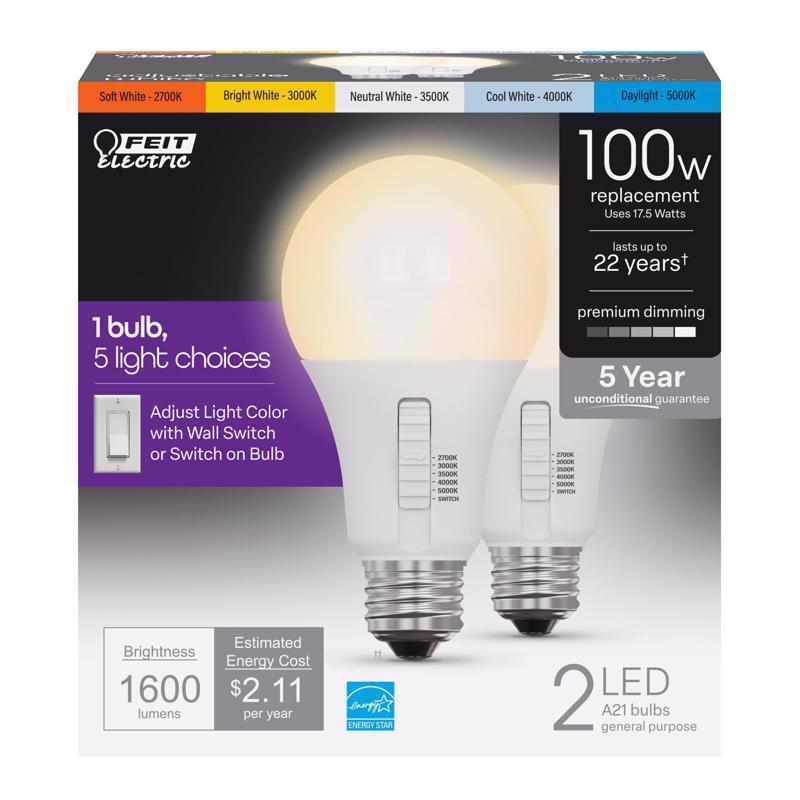 FEIT - Feit LED A21 E26 (Medium) LED Bulb Tunable White/Color Changing 100 Watt Equivalence 2 pk