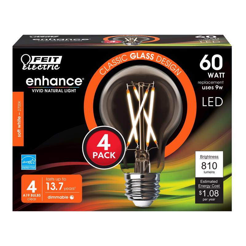 FEIT - Feit Enhance A19 E26 (Medium) Filament LED Bulb Soft White 60 Watt Equivalence 4 pk