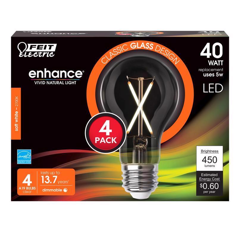 FEIT - Feit Enhance A19 E26 (Medium) Filament LED Bulb Soft White 40 Watt Equivalence 4 pk [A1940CL927CAFL4]