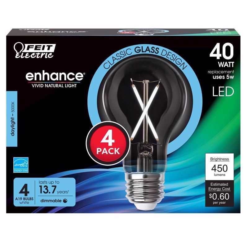 FEIT - Feit Enhance A19 E26 (Medium) Filament LED Bulb Daylight 40 Watt Equivalence 4 pk