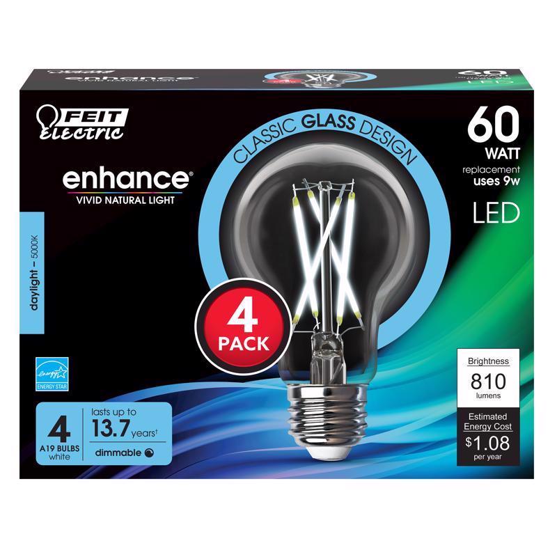 FEIT - Feit Enhance A19 E26 (Medium) Filament LED Bulb Daylight 60 Watt Equivalence 4 pk