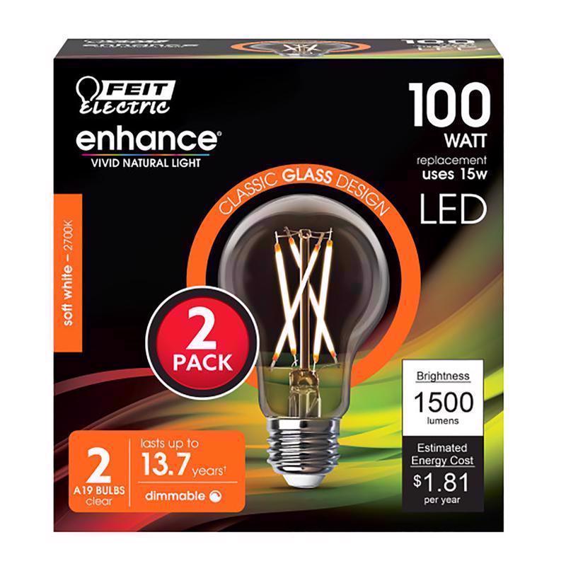 FEIT - Feit Enhance A19 E26 (Medium) Filament LED Bulb Soft White 100 Watt Equivalence 2 pk