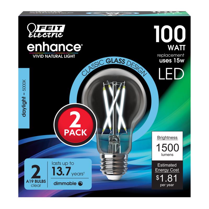 FEIT - Feit Enhance A19 E26 (Medium) Filament LED Bulb Daylight 100 Watt Equivalence 2 pk