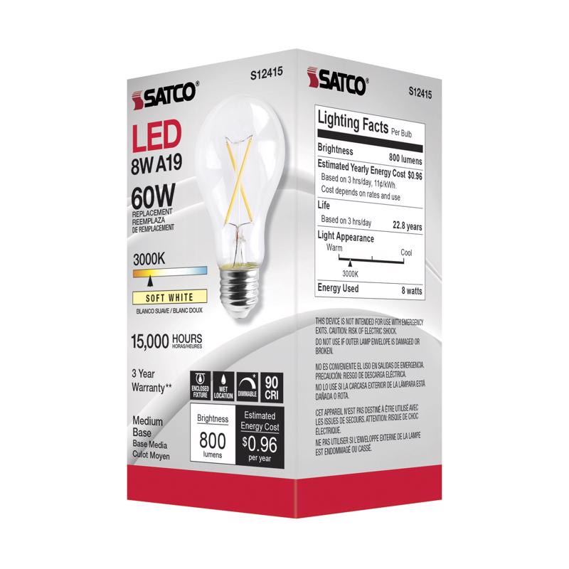 SATCO - Satco A19 E26 (Medium) Filament LED Bulb Soft White 60 Watt Equivalence 1 pk