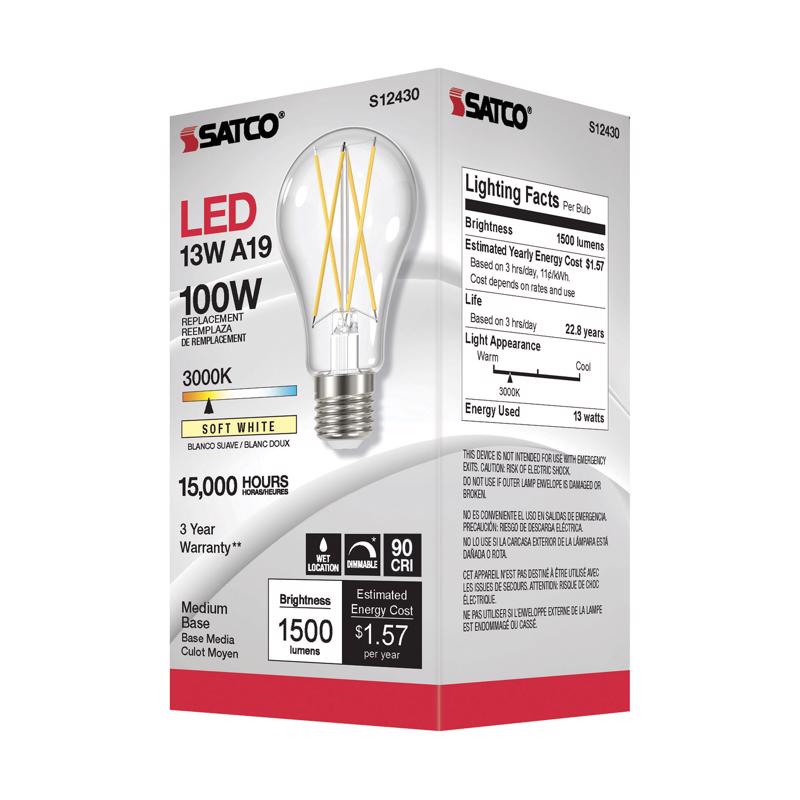 SATCO - Satco A19 E26 (Medium) Filament LED Bulb Soft White 100 Watt Equivalence 1 pk