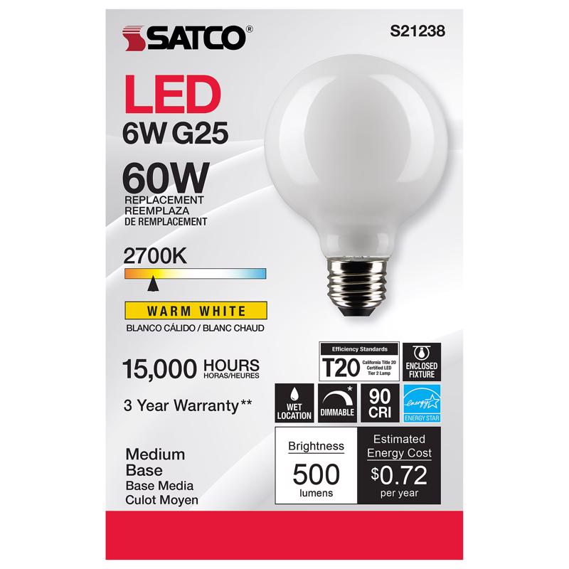 SATCO - Satco G25 E26 (Medium) Filament LED Bulb Warm White 60 Watt Equivalence 1 pk