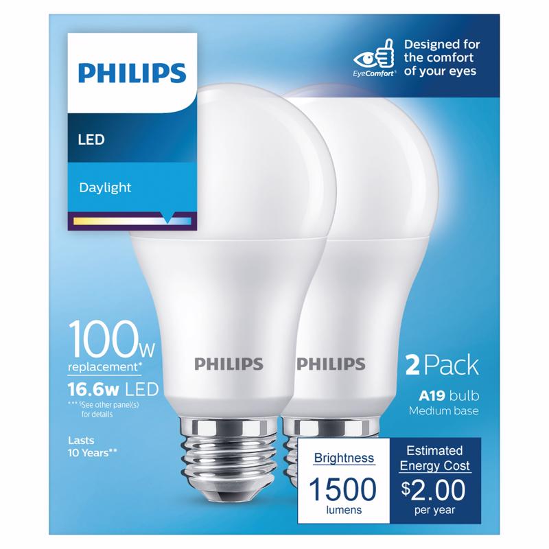 PHILIPS - Philips A19 E26 (Medium) LED Bulb Daylight 100 Watt Equivalence 2 pk