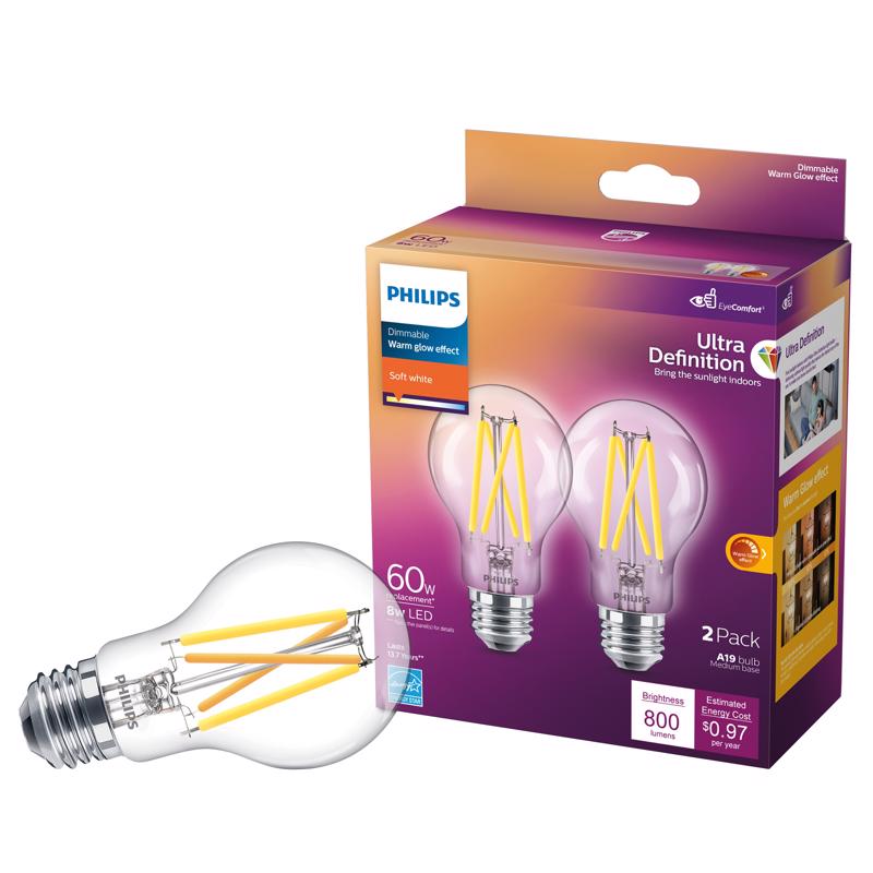 PHILIPS - Philips A19 E26 (Medium) LED Bulb Soft White 60 Watt Equivalence 2 pk