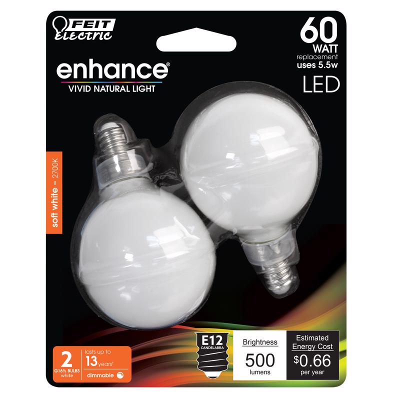 FEIT - Feit G16.5 E12 (Candelabra) LED Bulb Soft White 60 Watt Equivalence 2 pk [BPG1660W927CAF2]