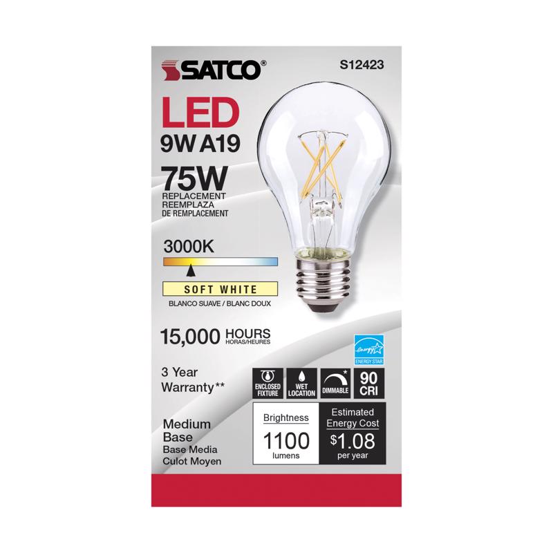 SATCO - Satco A19 E26 (Medium) Filament LED Bulb Soft White 75 Watt Equivalence 1 pk - Case of 6