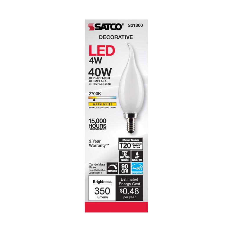 SATCO - Satco CA10 E12 (Candelabra) Filament LED Bulb Warm White 40 Watt Equivalence 1 pk