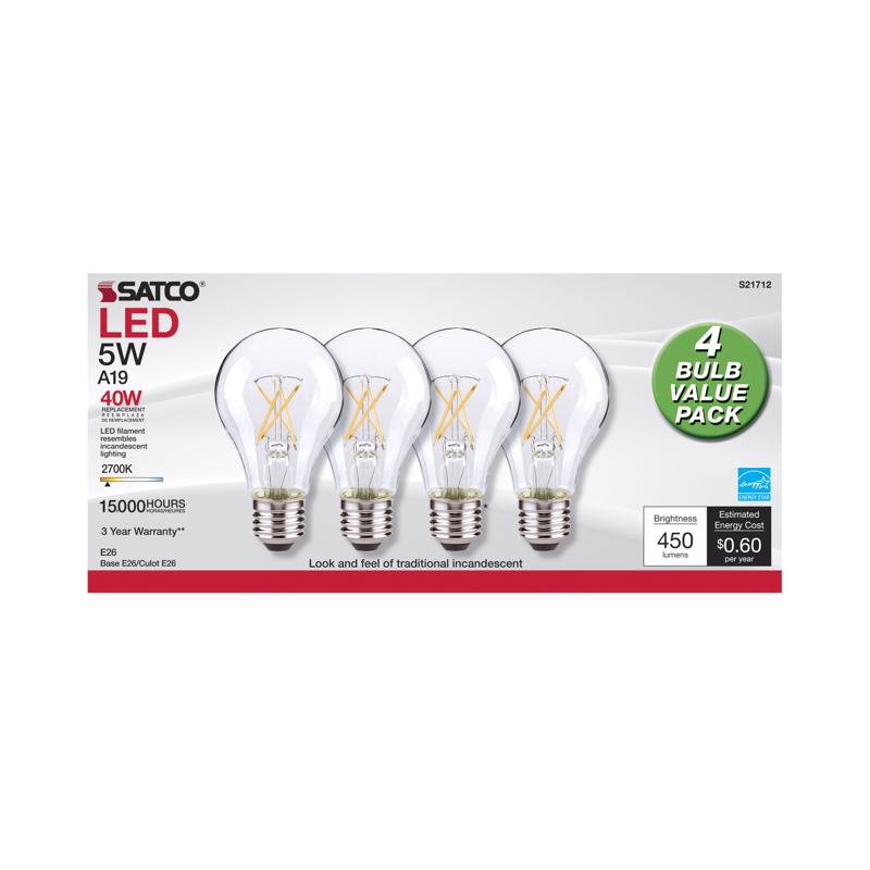 SATCO - Satco A19 E26 (Medium) Filament LED Bulb Warm White 40 Watt Equivalence 4 pk