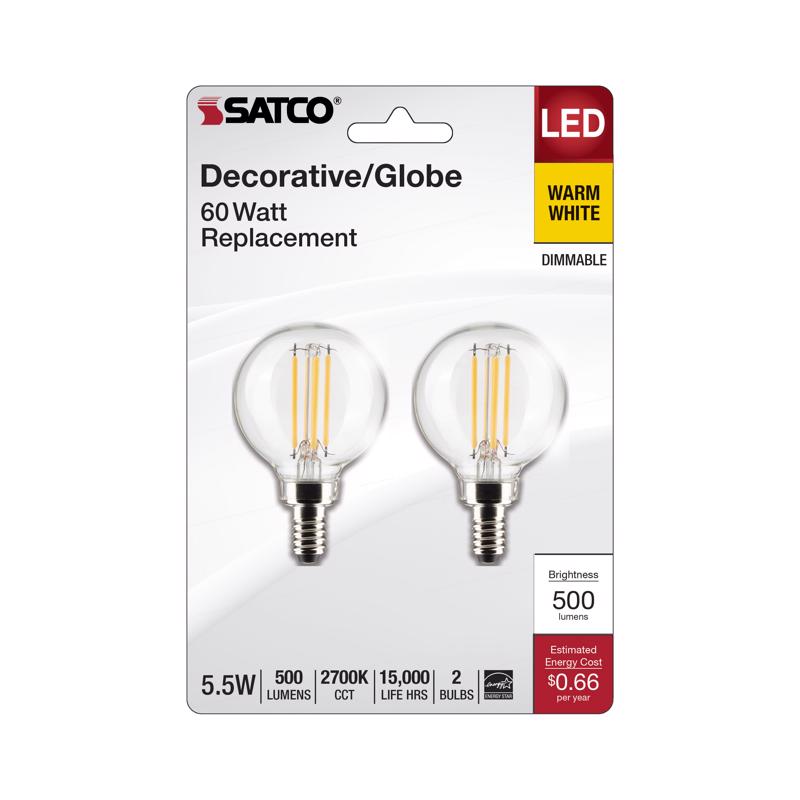 SATCO - Satco G16.5 E12 (Candelabra) Filament LED Bulb Warm White 60 Watt Equivalence 2 pk [S21813]