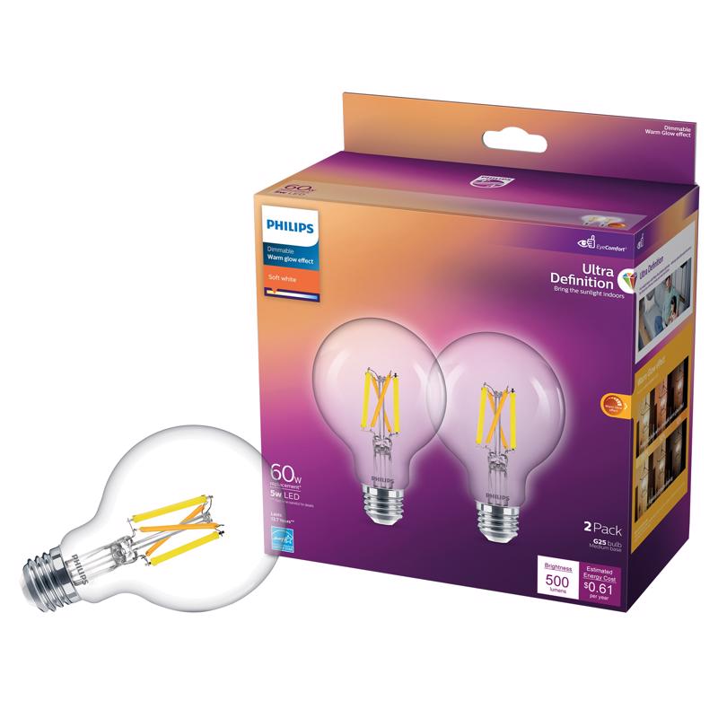 PHILIPS - Philips G25 E26 (Medium) LED Bulb Soft White 60 Watt Equivalence 2 pk