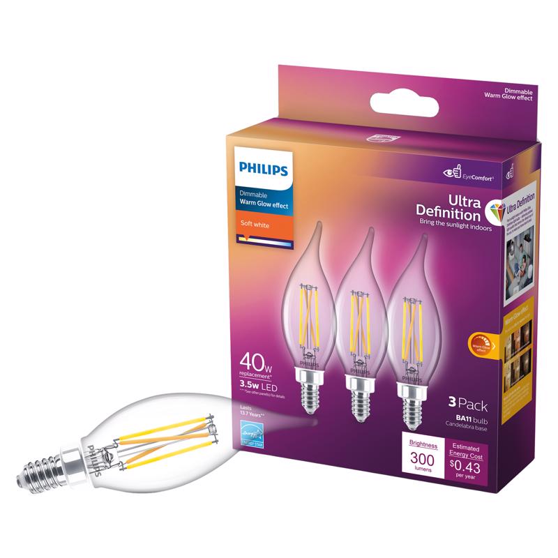 PHILIPS - Philips Ultra Definition BA11 E12 (Candelabra) LED Light Bulb Soft White 40 Watt Equivalence 3 pk