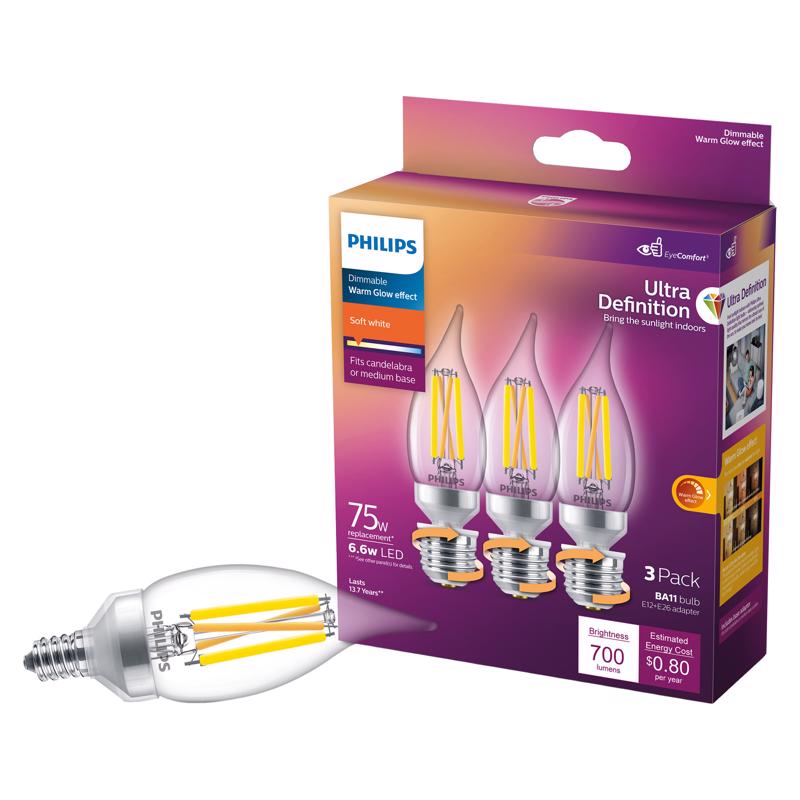 PHILIPS - Philips BA11 E12 (Candelabra) LED Light Bulb Soft White 75 Watt Equivalence 3 pk