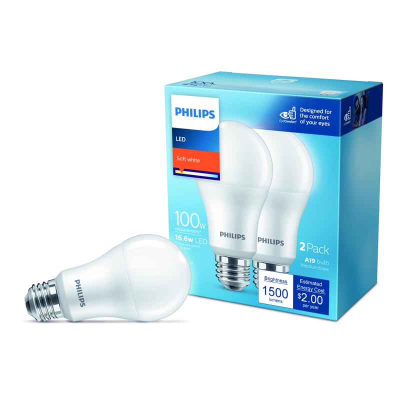 PHILIPS - Philips A19 E26 (Medium) LED Bulb Soft White 100 Watt Equivalence 2 pk