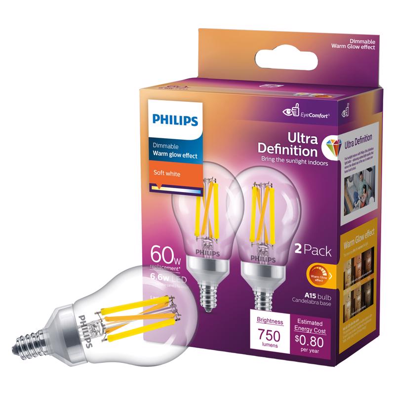 PHILIPS - Philips Ultra Definition A15 E12 (Candelabra) LED Bulb Soft White 60 Watt Equivalence 2 pk