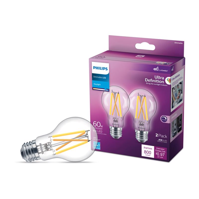 PHILIPS - Philips Ultra Definition A19 E26 (Medium) LED Bulb Daylight 60 Watt Equivalence 2 pk