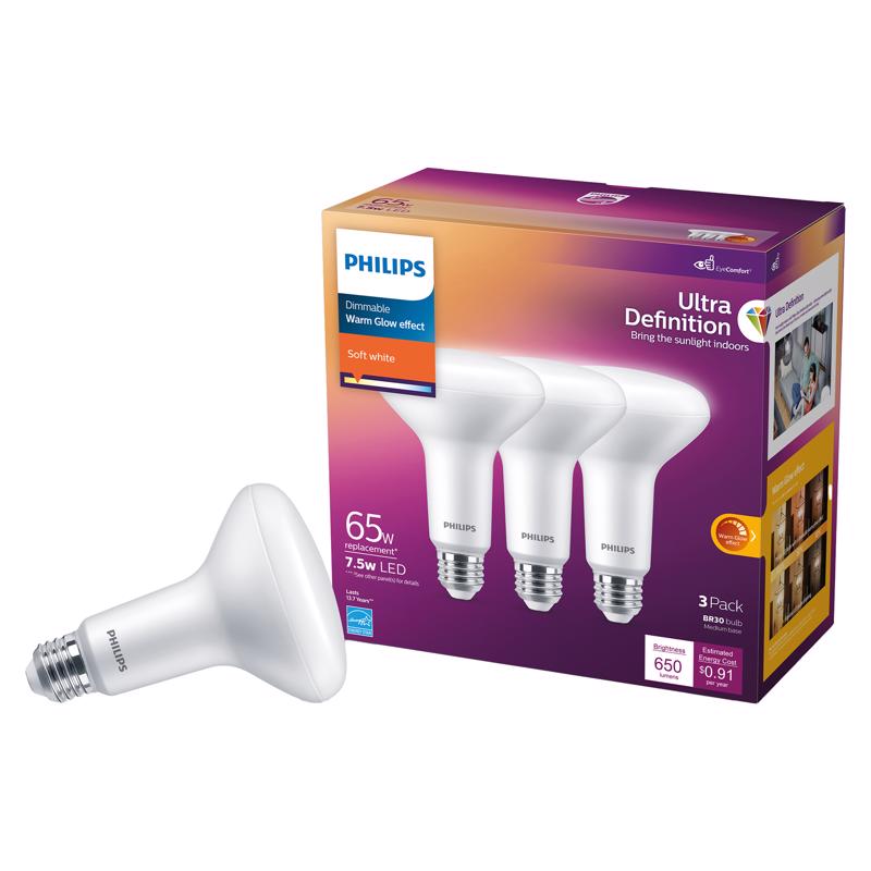 PHILIPS - Philips BR30 E26 (Medium) LED Floodlight Bulb Soft White 65 Watt Equivalence 3 pk