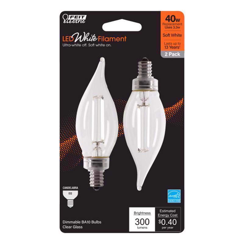 FEIT - Feit White Filament BA10 E12 (Candelabra) Filament LED Bulb Soft White 40 Watt Equivalence 2 pk