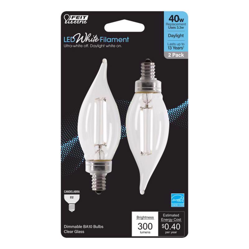 FEIT - Feit White Filament BA10 E12 (Candelabra) Filament LED Bulb Daylight 40 Watt Equivalence 2 pk