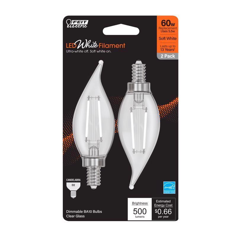 FEIT - Feit White Filament BA10 E12 (Candelabra) Filament LED Bulb Soft White 60 Watt Equivalence 2 pk [BPCFC60927WFIL2]