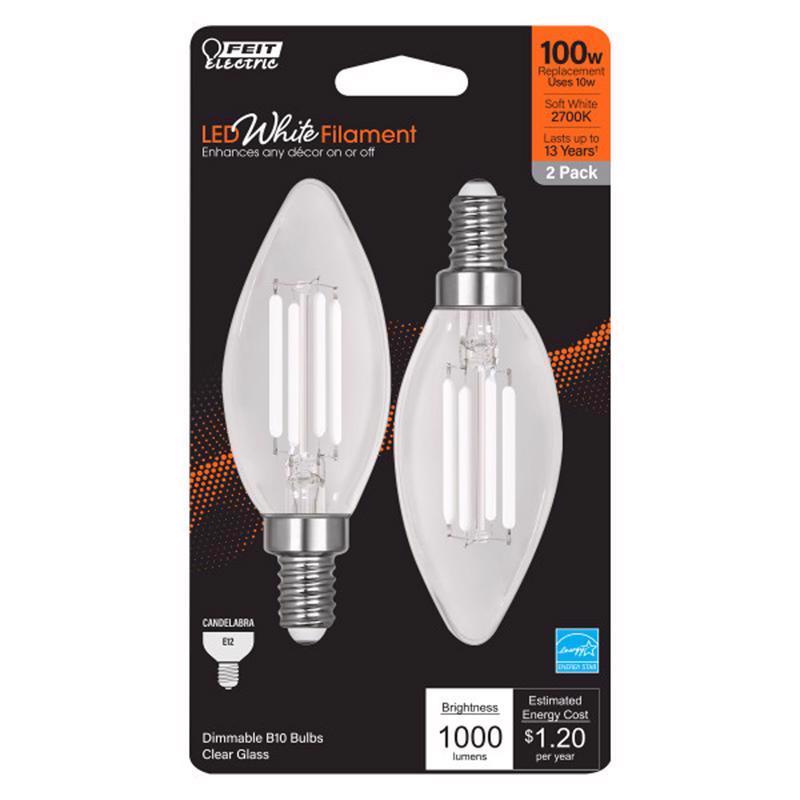 FEIT - Feit White Filament B10 E12 (Candelabra) Filament LED Bulb Soft White 100 Watt Equivalence 2 pk