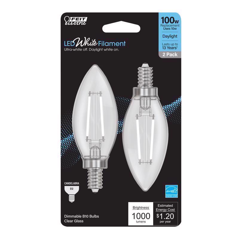 FEIT - Feit White Filament B10 E12 (Candelabra) Filament LED Bulb Daylight 100 Watt Equivalence 2 pk