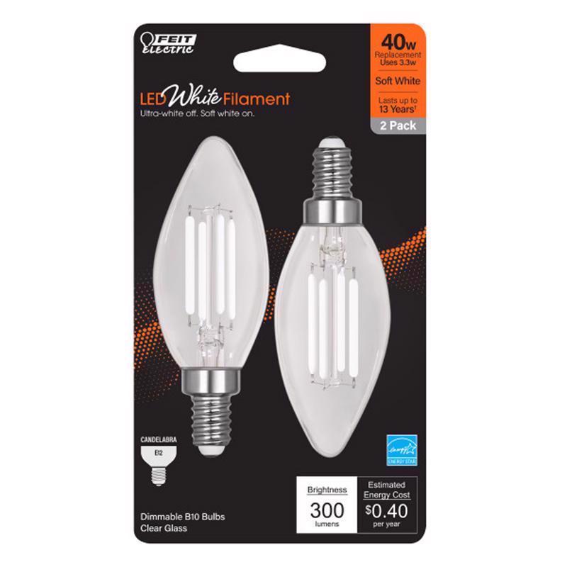 FEIT - Feit White Filament B10 E12 (Candelabra) Filament LED Bulb Soft White 40 Watt Equivalence 2 pk