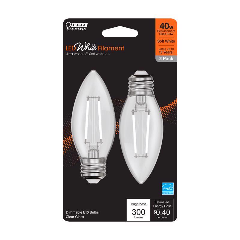 FEIT - Feit White Filament B10 E26 (Medium) Filament LED Bulb Soft White 40 Watt Equivalence 2 pk