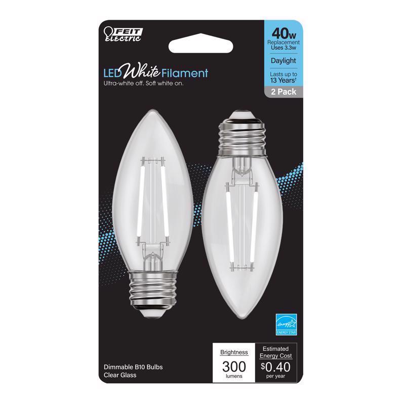 FEIT - Feit White Filament B10 E26 (Medium) Filament LED Bulb Daylight 40 Watt Equivalence 2 pk