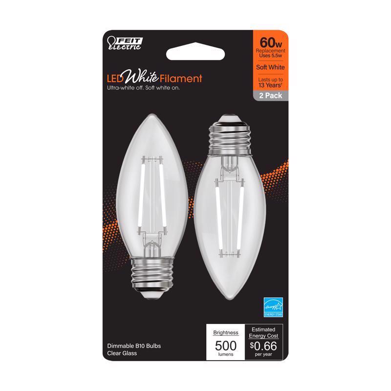 FEIT - Feit White Filament B10 E26 (Medium) Filament LED Bulb Soft White 60 Watt Equivalence 2 pk