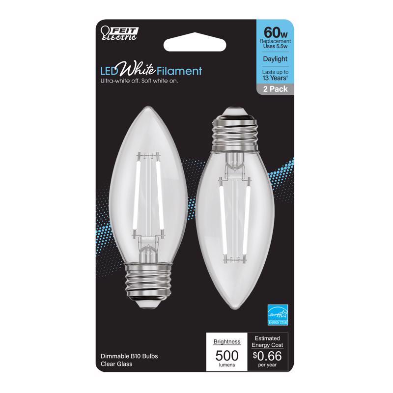 FEIT - Feit White Filament B10 E26 (Medium) Filament LED Bulb Daylight 60 Watt Equivalence 2 pk